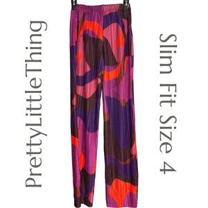 PrettyLittleThing - Abstract Print Plissé Pants - Purple/Multi - Size 4 - NWT